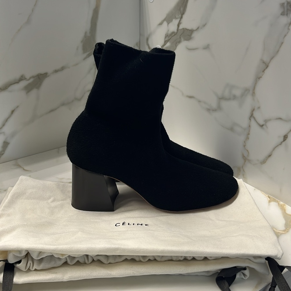 Celine black wool stretch pull on bootie with 3" heel. Worn once. In care bags